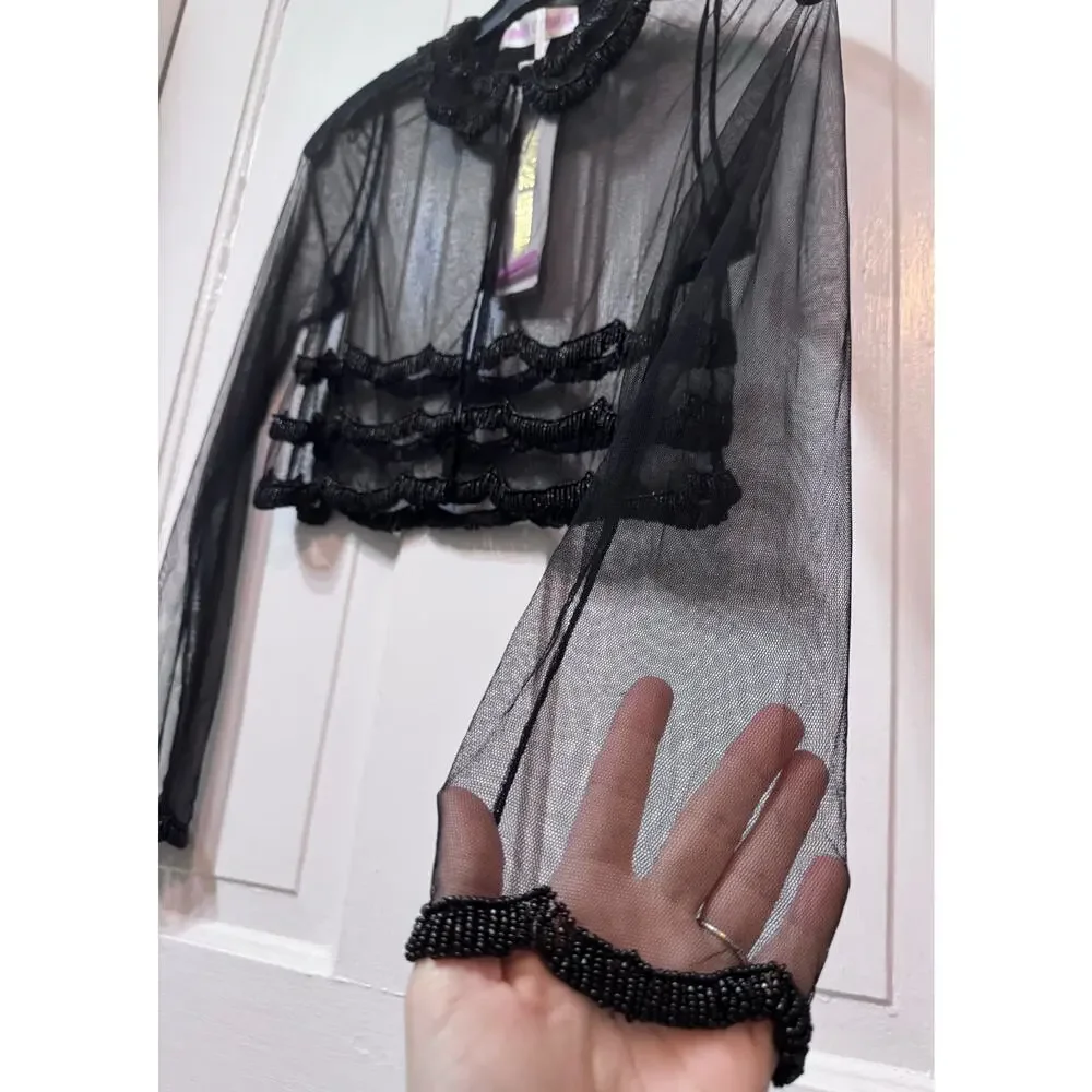 NWT Monique Leshman Black Sheer Scallop Beaded Crop Blouse Top Size S